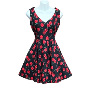 Cherry print Fit & Flare dress Small stretch cotton Retro